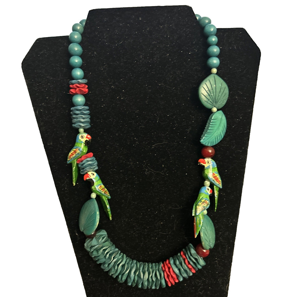 Vintage Wood Bead Necklace Parrot Birds Tropical Leaves Beach Natural Jewelry